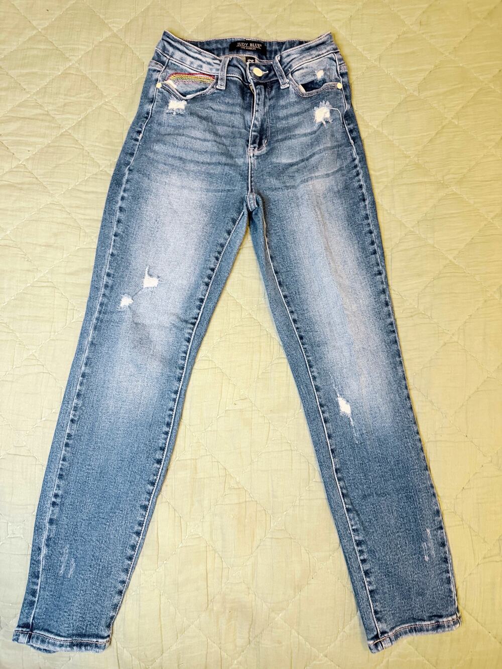 Judy Blue Size 1/25 Distressed Skinny Jeans Rainbow Pocket Medium Wash